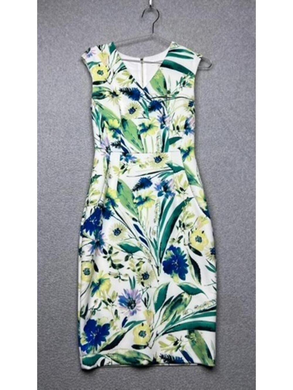 Calvin Klein Sheath Dress Womens 4 Floral Green Blue V Neck Pockets Wedding